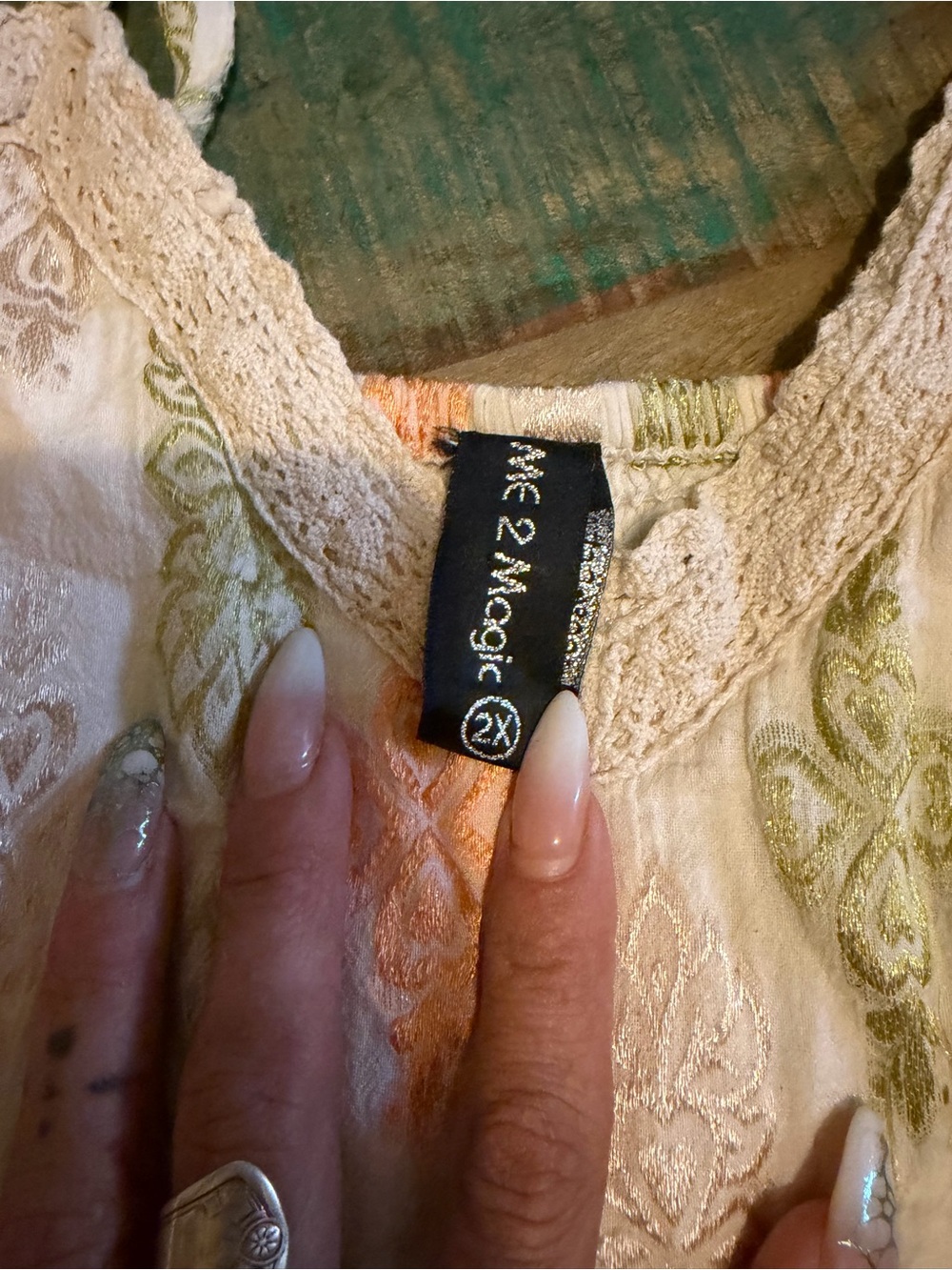 Boho Crochet-Waist Maxi Dress in White with Peach & Sage Print - Picture 3 of 7